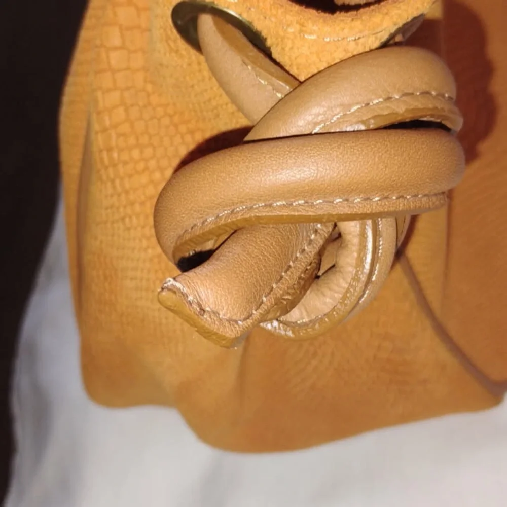 Sundance Suede/ Leather Snake Embossed Orange Textured Tote with Cognac Handles